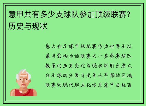 意甲共有多少支球队参加顶级联赛？历史与现状