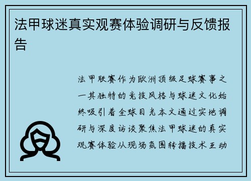 法甲球迷真实观赛体验调研与反馈报告
